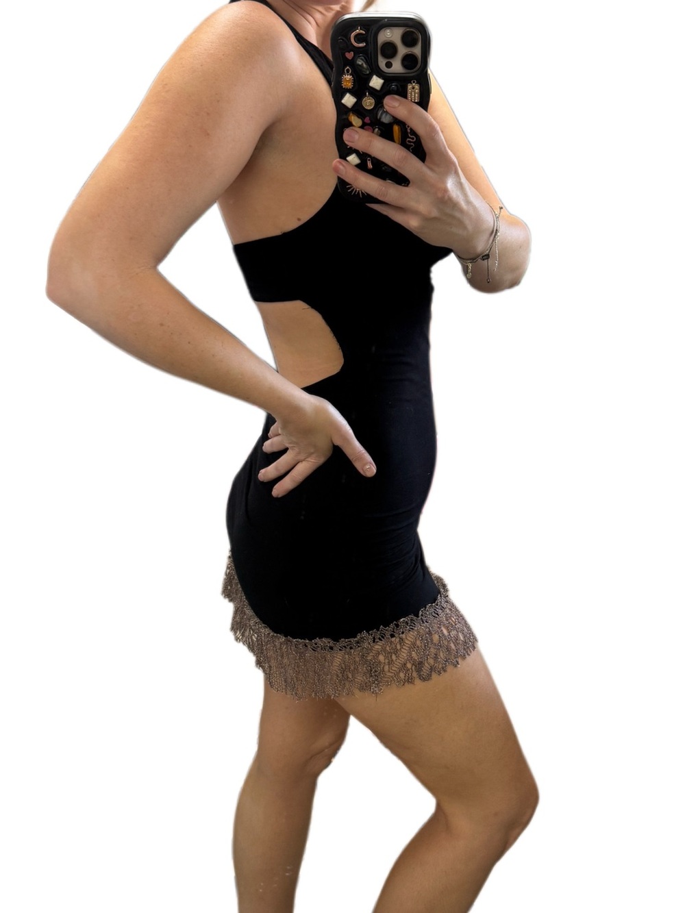 SOA Women's Black Halter Mini Slip Dress with Brown Lace Trim Sz s/m